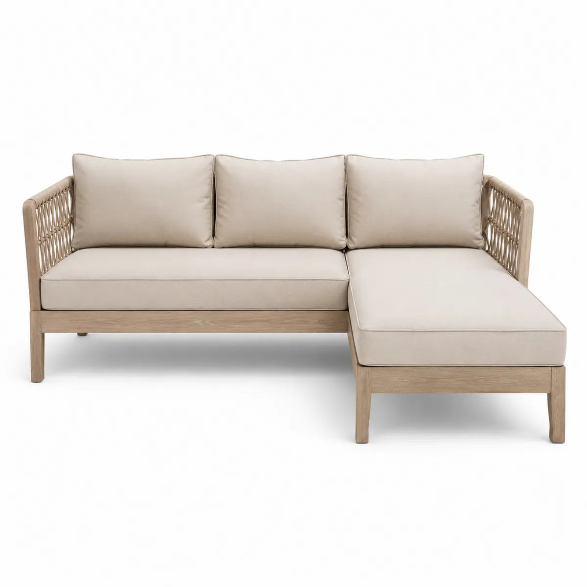 Narożna sofa ogrodowa beżowa tkanina akrylowa drewno tekowe 200cm