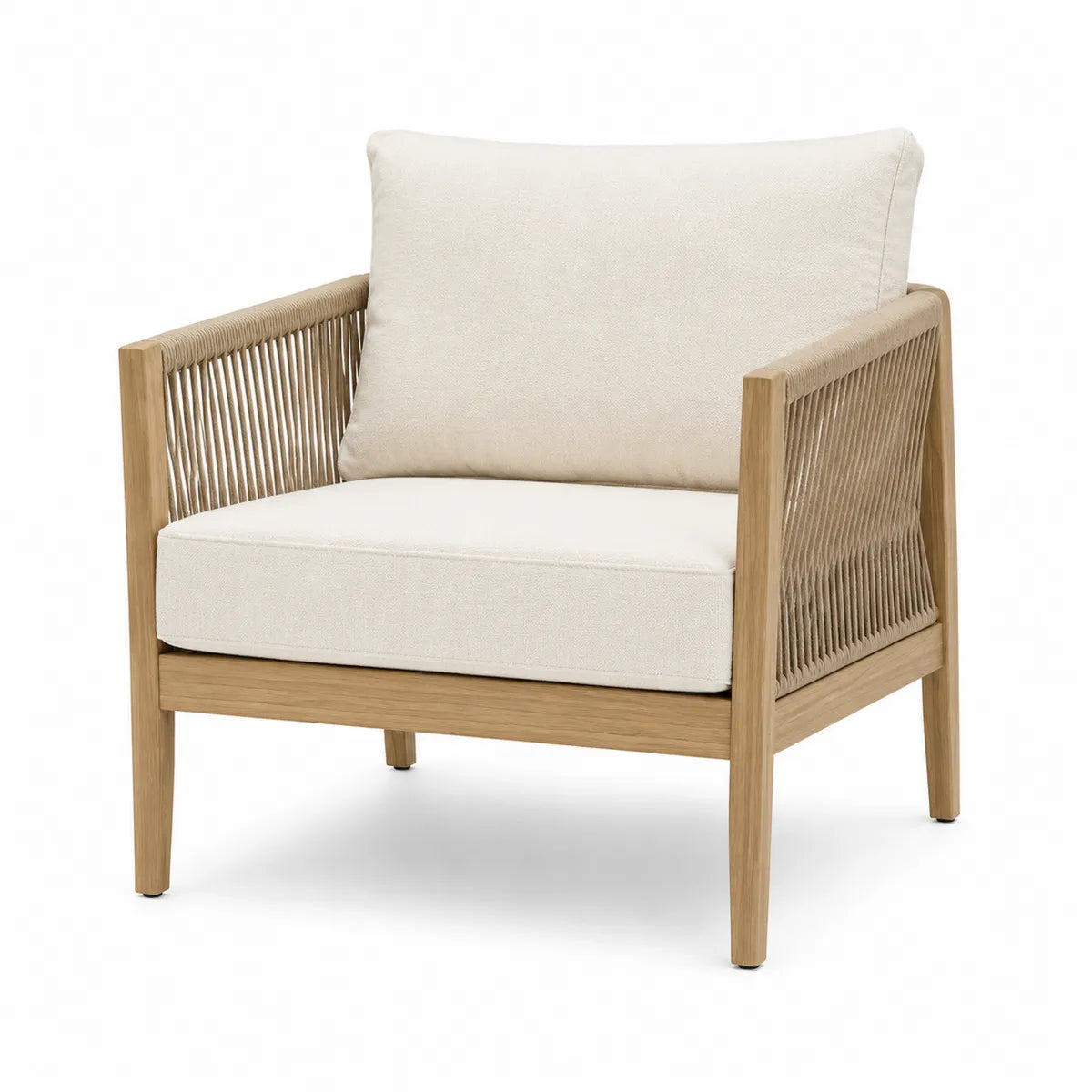 Fotel z tkaniny poliestrowej z poduszkami kremowy drewno teak 90cm