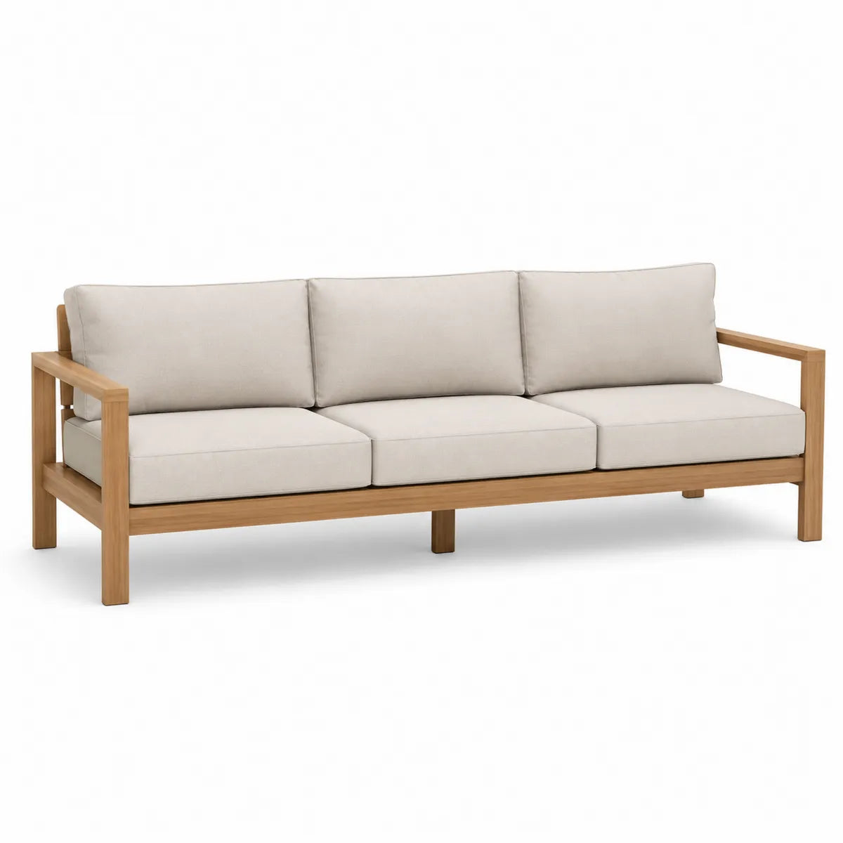 3-osobowa sofa z drewna teakowego z beżowymi poduszkami