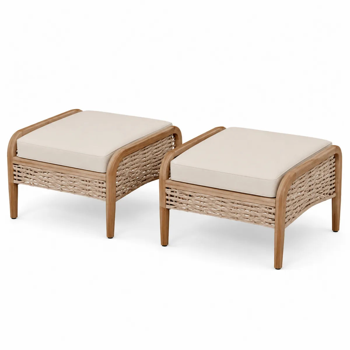 Zestaw 2 puf z drewna tekowego i rattanu 60x60x35 cm beżowe
