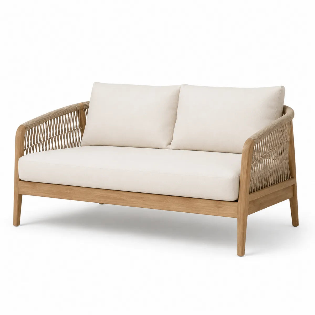 Dwuosobowa sofa ogrodowa z drewna teak i beżowej tkaniny, 130x75x78 cm