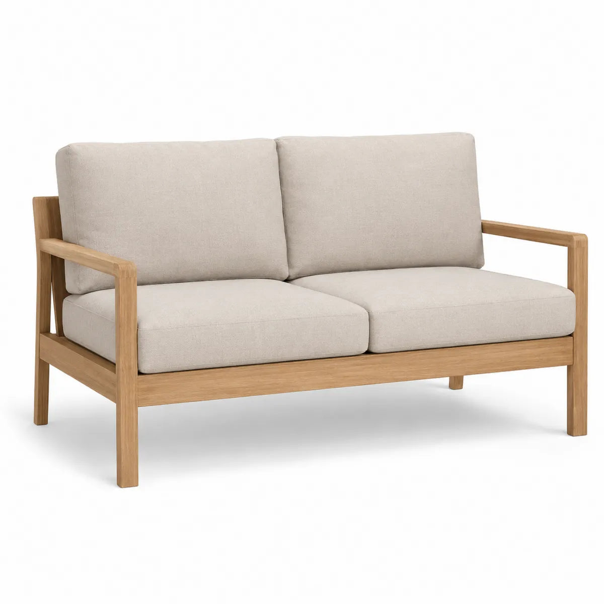 Sofa dwuosobowa z teakowymi ramami i beżowymi poduszkami