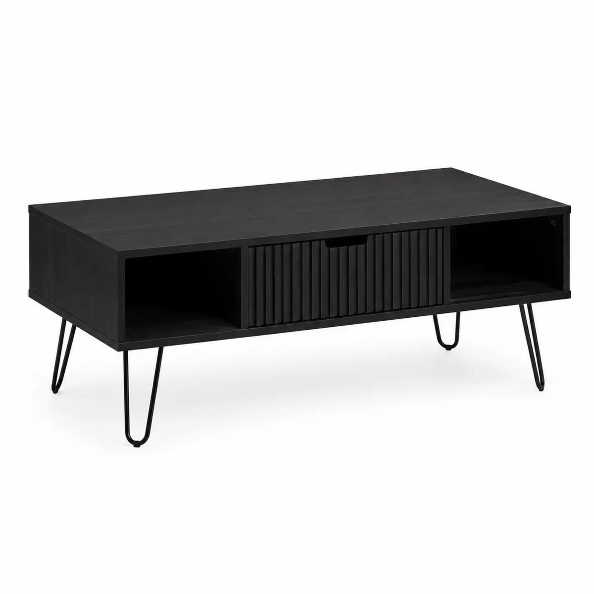 Czarny stolik kawowy z płyty MDF i stalowymi nogami 110x60x45 cm