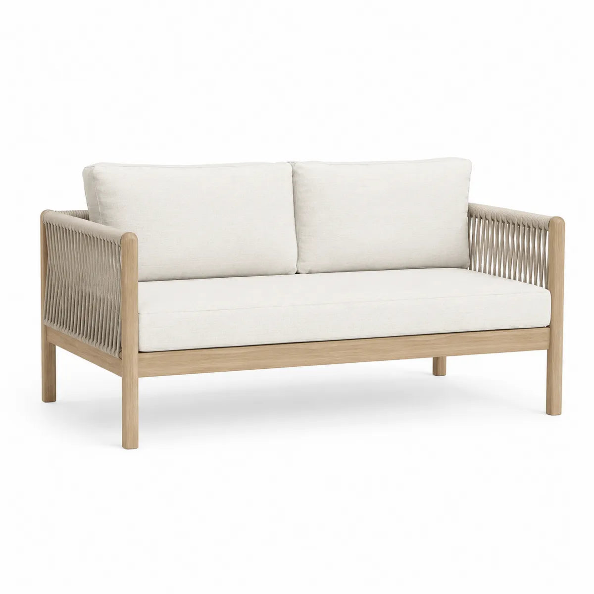 Sofa ogrodowa z teakowym drewnem i kremowymi poduszkami