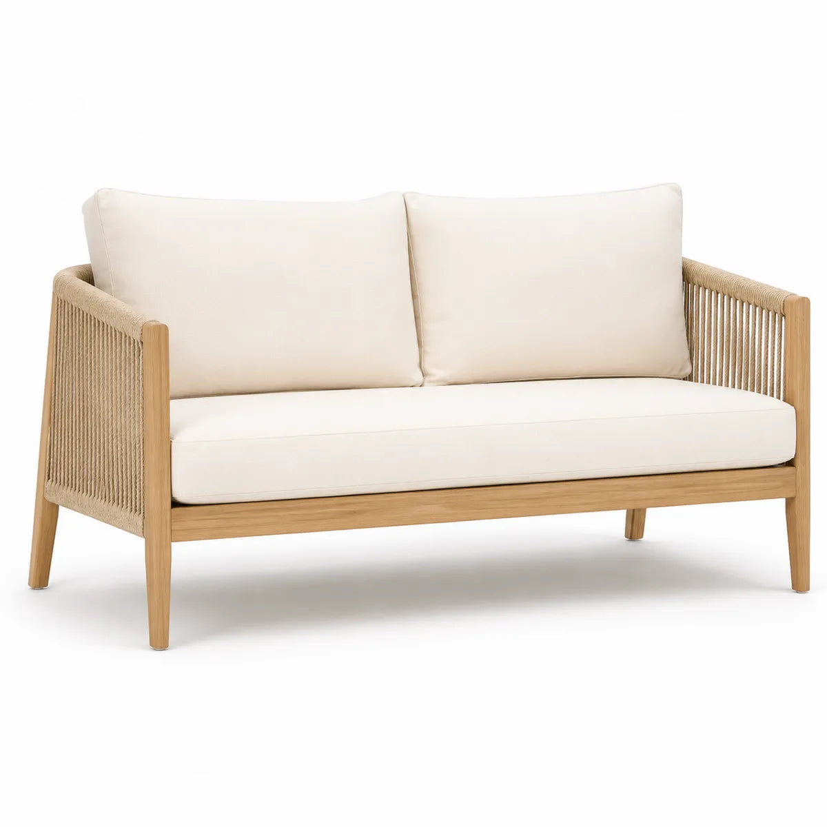 Dwuosobowa sofa ogrodowa z drewna tekowego z beżowymi poduszkami