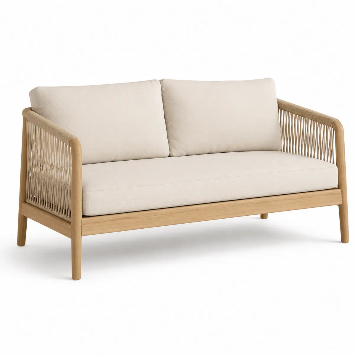 Sofa ogrodowa z drewna tekowego z beżowymi poduszkami
