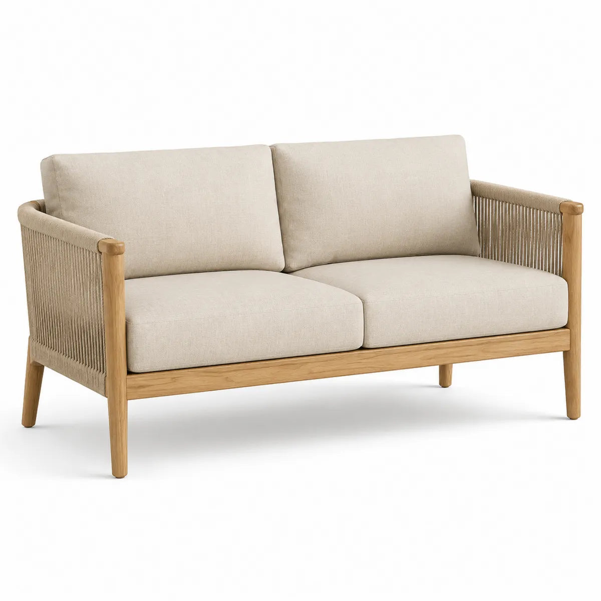 Sofa drewniana 2-osobowa z teak i poliester beżowa