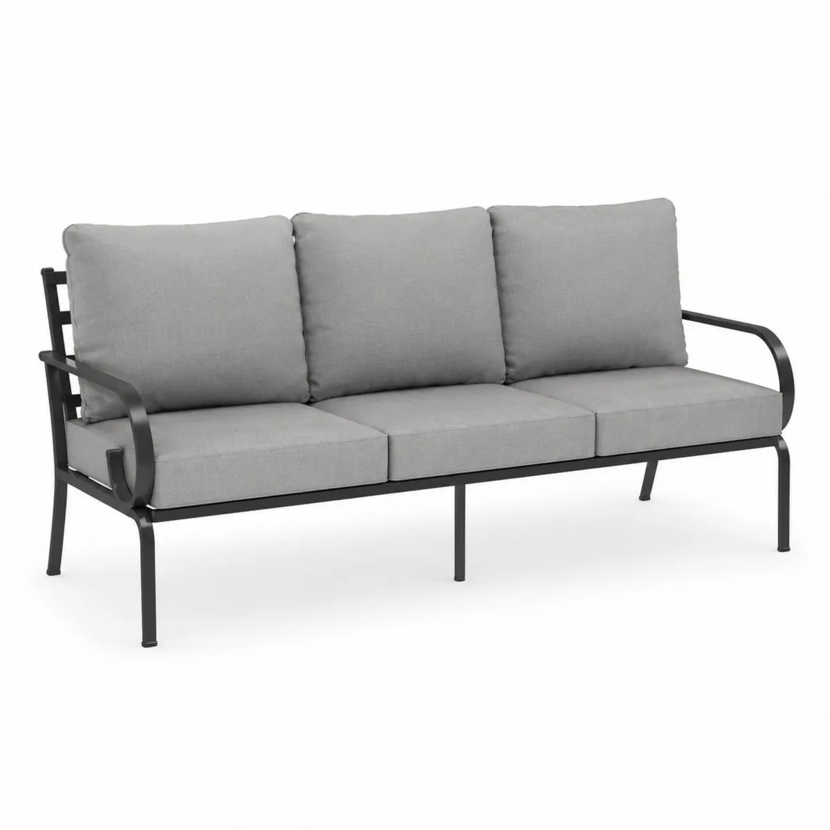 Sofa ogrodowa metalowa 3-osobowa z szarymi poduszkami