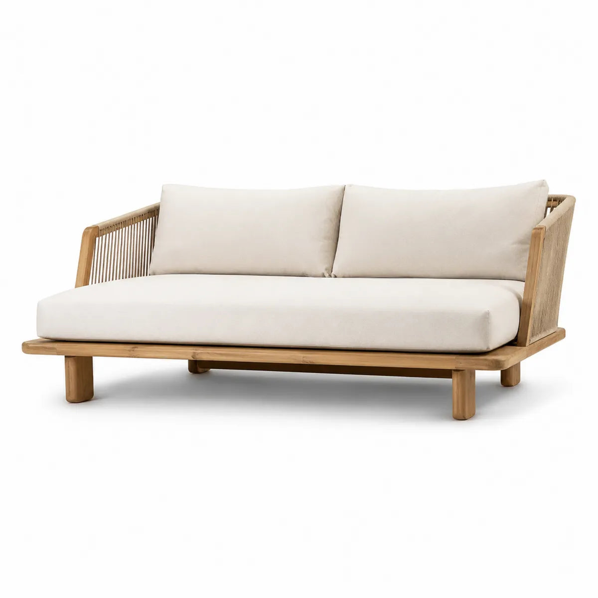 Sofa ogrodowa z drewna teak z beżowymi poduszkami 200x80x70cm
