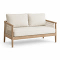 Sofa dwuosobowa z drewna tekowego z beżową tkaniną
