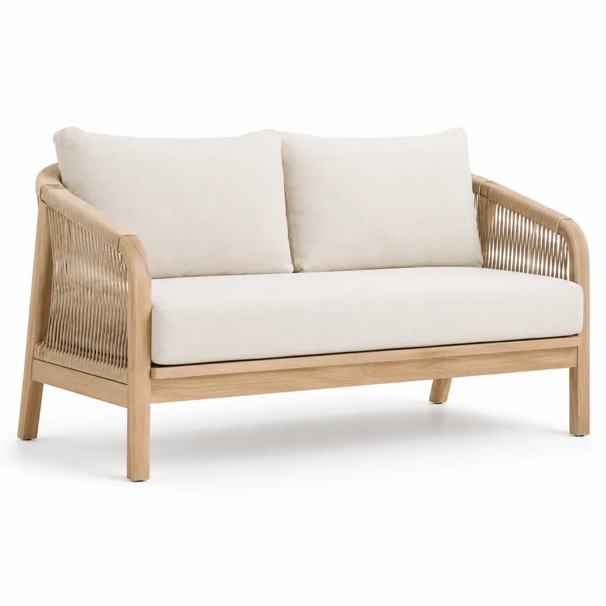 Dwuosobowa sofa z drewna teakowego i kremowej tkaniny